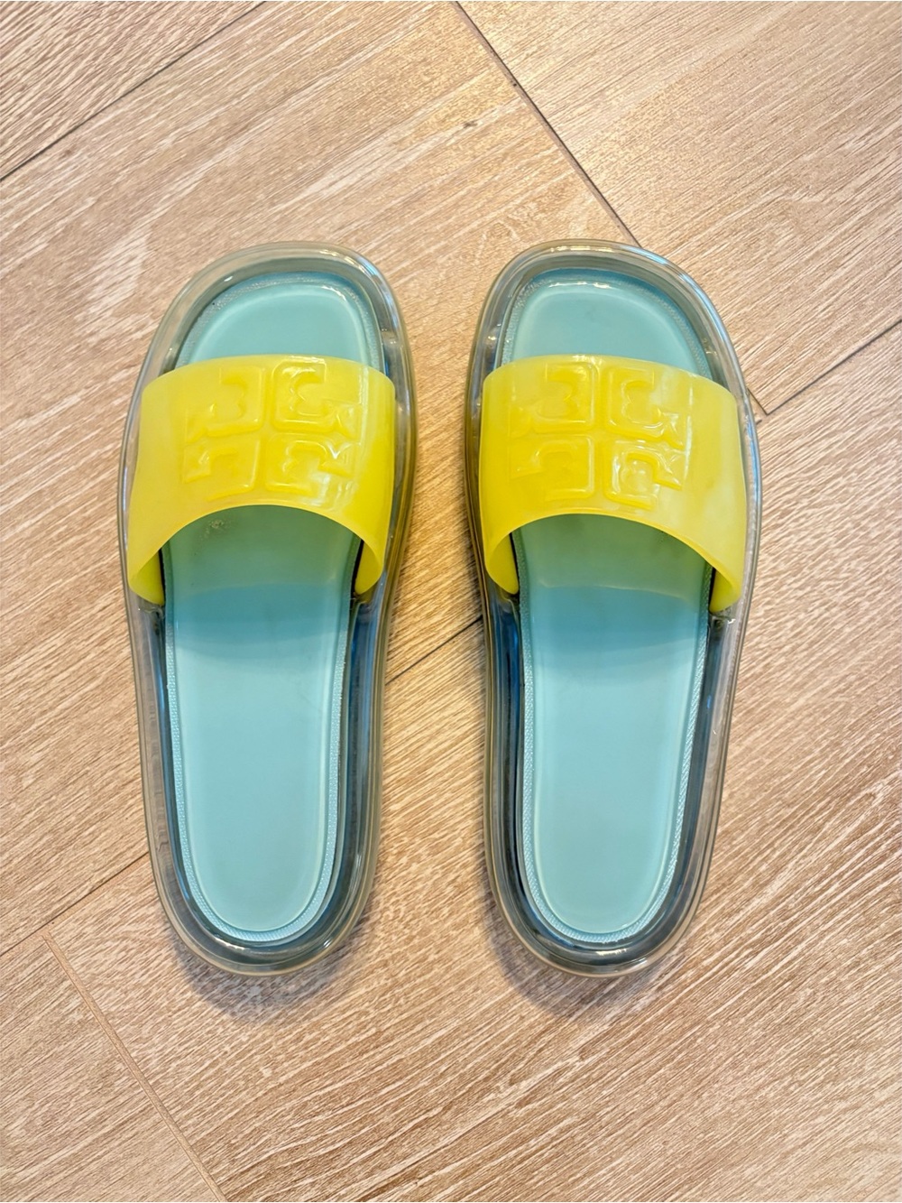 Tory Burch jelly bubble slides sz 7 island blue/firefly yellow Slide Sandals